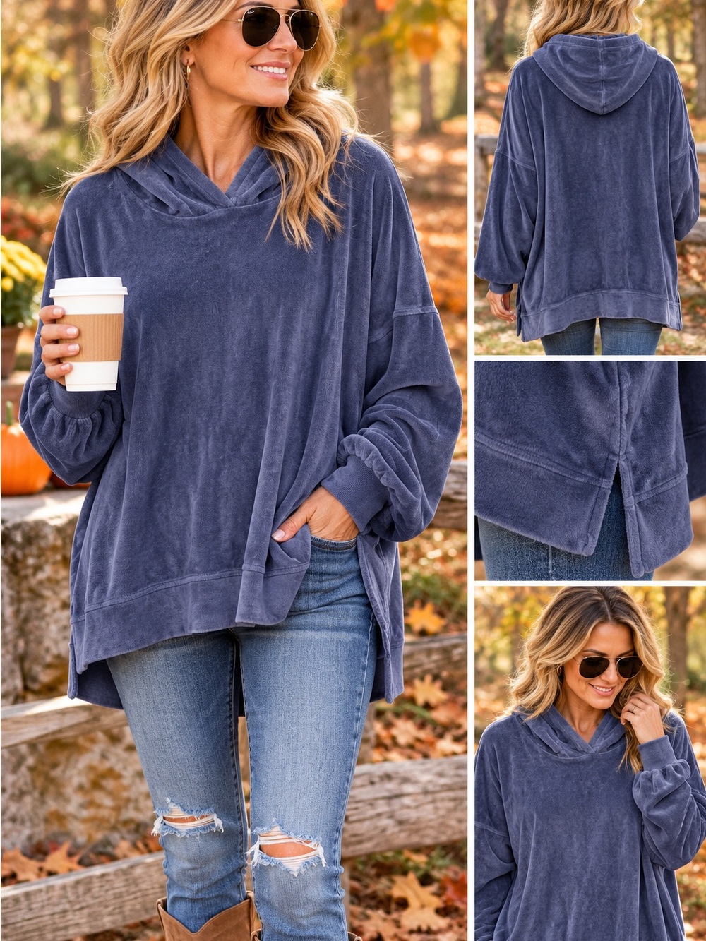 aerie Relaxed Velour Hoodie XXL BlueP Hi Lo with Side Slit